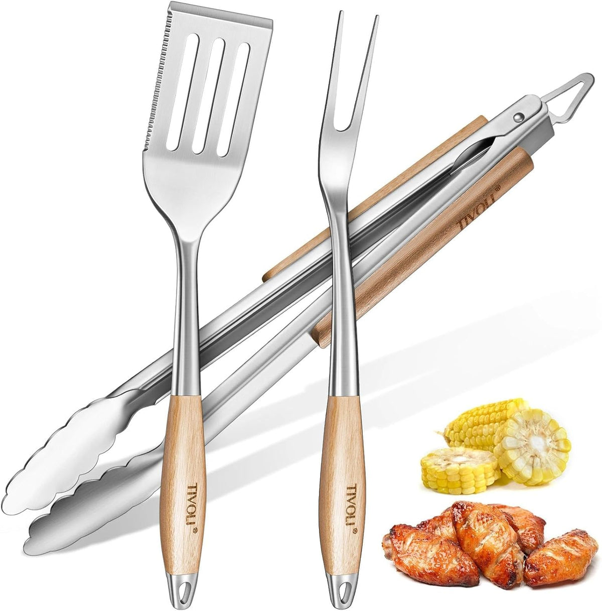 TIVOLI 3PCS Grilling Accessories, Heavy Duty BBQ Tool Set with Stainless Steel Spatula, Tongs, Fork, Wood Handles Barbecue Utensils Kit for Outdoor, Perfect Grill Gifts for Dad Men