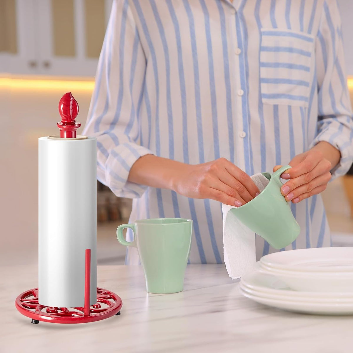 JOGREFUL Paper Towel Holder Stand, Cast Iron Kitchen Paper Towel Countertop Vintage Stand with Weighted-Base, Bathroom Organization for Family Standard Large Size Roll Paper, Leaf Top, Red