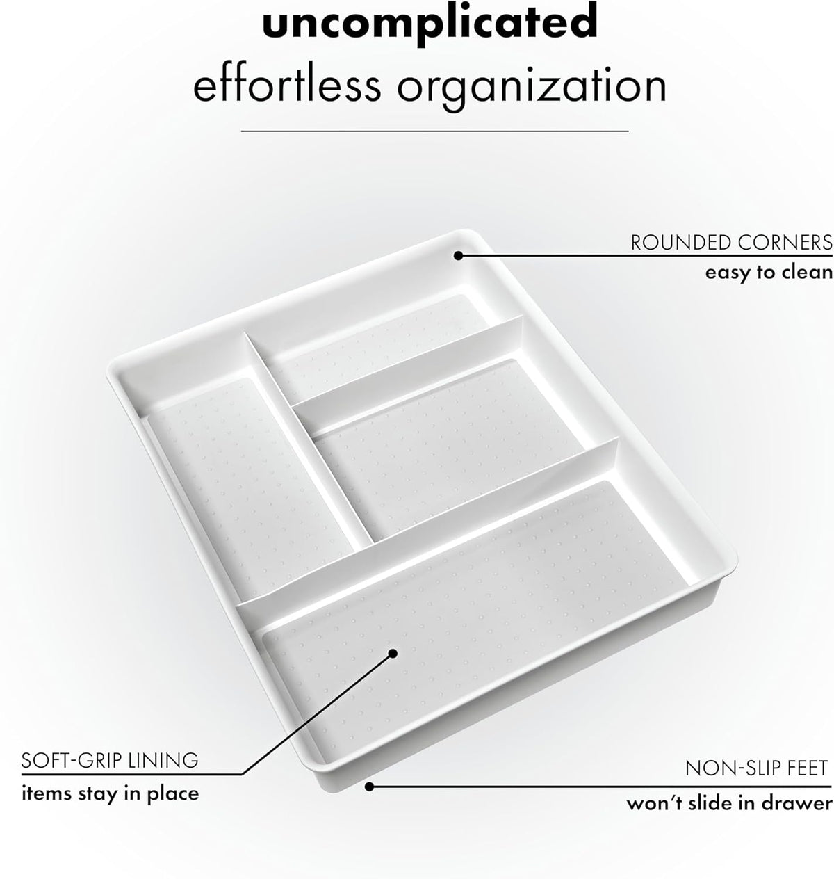 Madesmart Classic 4-Compartment Drawer Organizer Gadget Tray, Plastic Multipurpose Storage Bin for Drawers, White