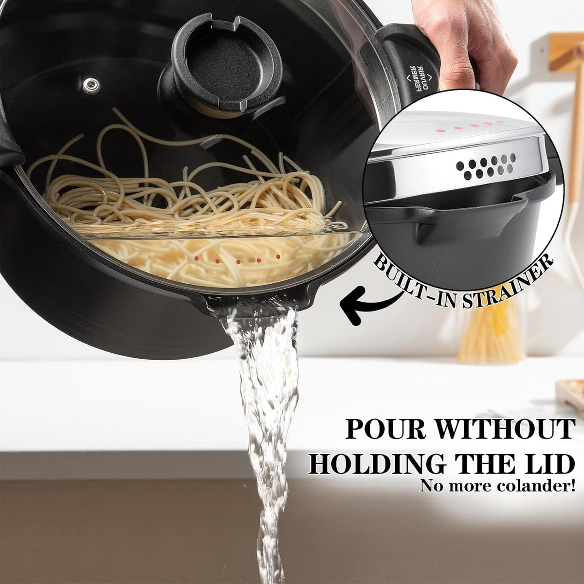 8.5qt Pasta Pot with Strainer Lid, Cast Aluminum Stockpot Multipot, Nonstick Ceramic Coating make Cleanup easy with Tempered Glass Lid, Dishwasher Safe, Induction, Black (Black, 8.5 Quarts)