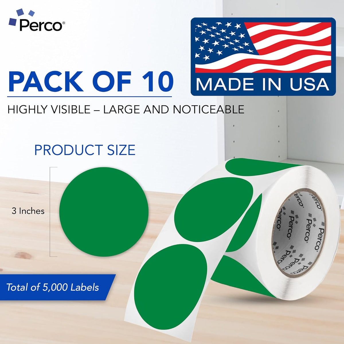 Perco Green 3-Inch Perforated Circle Dot Sticker Labels — 10 Rolls, 5,000 Round Stickers — with Permanent Adhesive for Moving Boxes, Sale Signage, Displays, Status Messaging—Made in USA