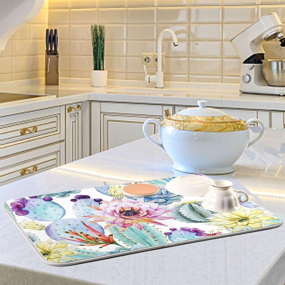 Cactus Succulent Plant Dish Drying Mat for Kitchen Counter Absorbent Microfiber Drying Pad, Large 18x24 in, Reversible Drainer Mats