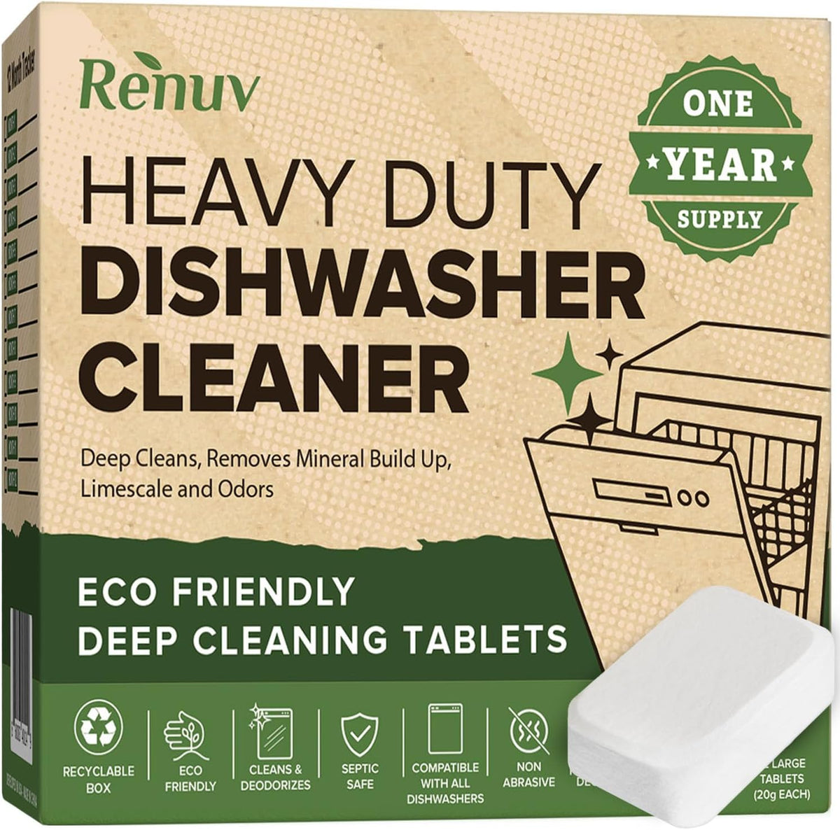 Heavy Duty Dishwasher Cleaner and Deodorizer Tablets, Descaler, Deep Cleaning, Natural Odor and Smell Remover, Calcium, Limescale, Hard Water Marks, Grease, Septic Safe Pods (12 Tabs - 1 Yr Supply)