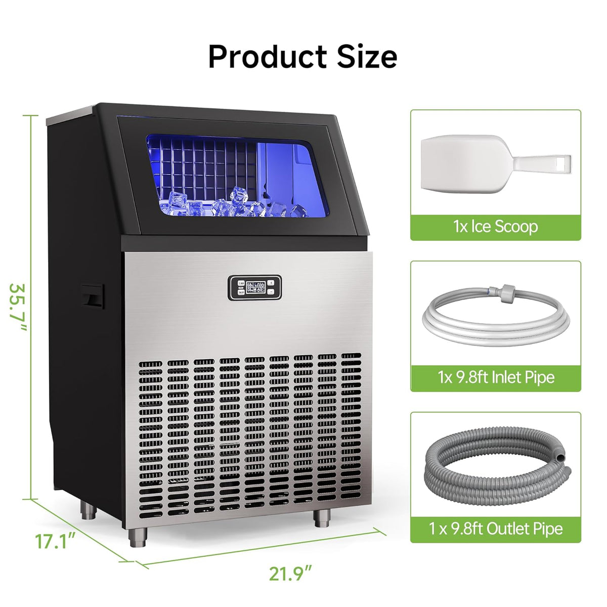 Real Relax Commercial Ice Machine, 270LBS/24H ETL Approval Under Counter Ice Maker Machine, 48LBS Ice Storage Capacity, Auto Self-Cleaning, LCD Display, with Ice Scoop for Party Bars