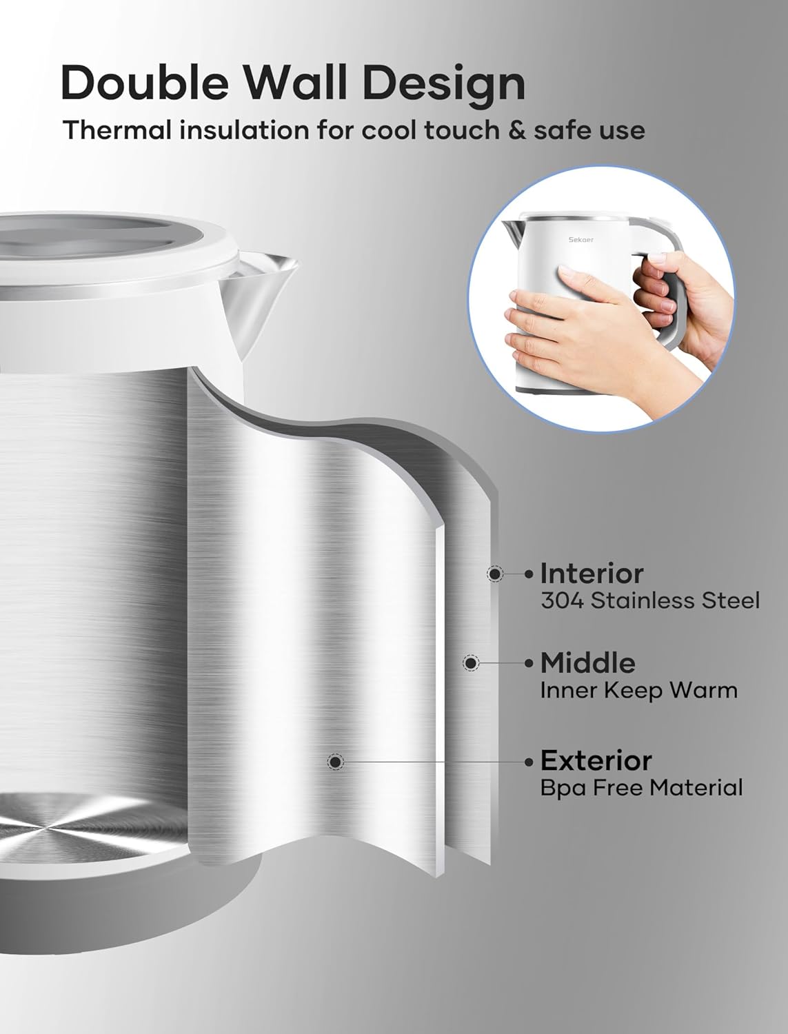 Sekaer Small Electric Tea Kettle Stainless Steel 0.8L Portable Travel Hot Water Boiler, Mini Electric Coffee Kettle with Auto Shut-Off & Boil Dry Protection, Cordless Base & White