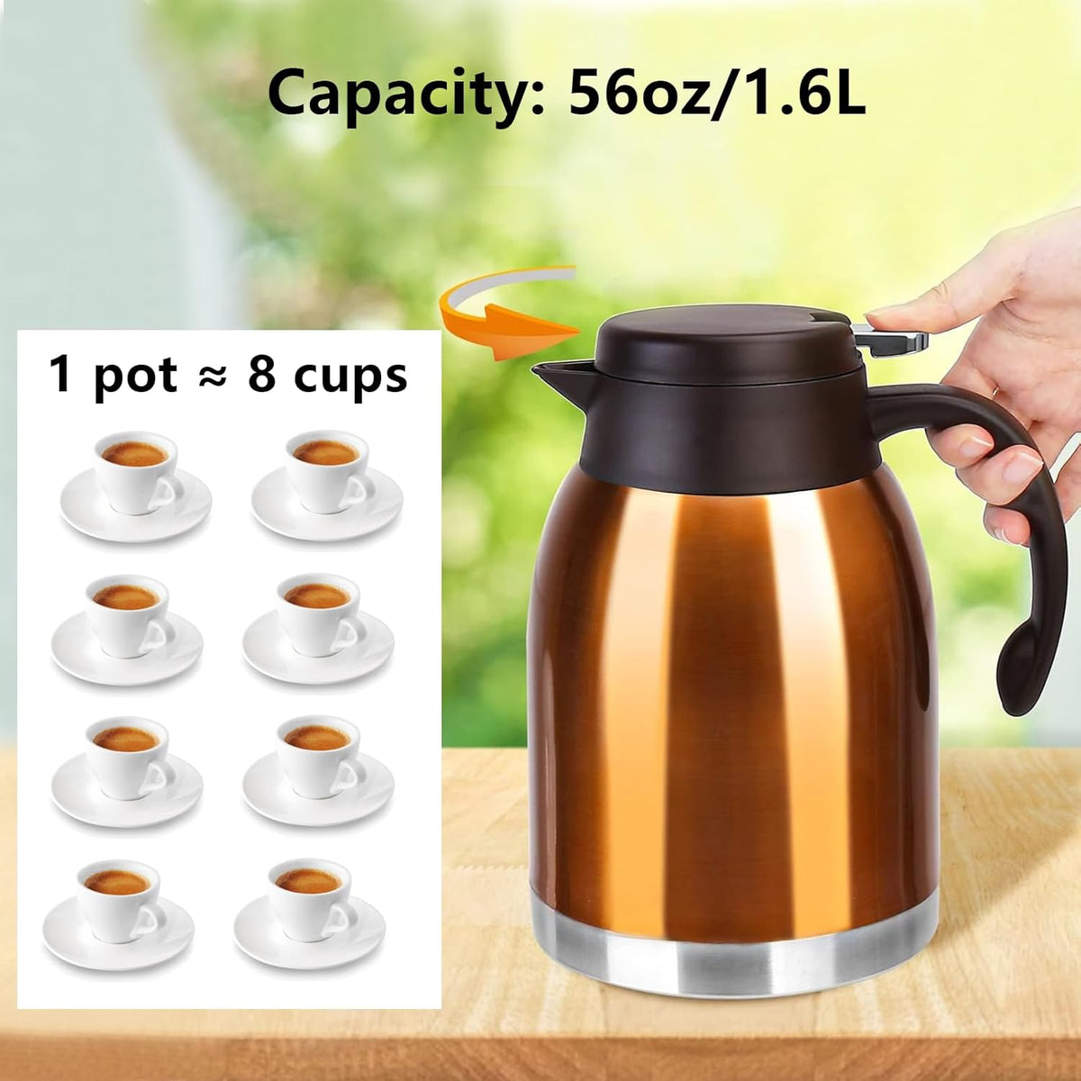 54oz Stainless Steel Thermal Coffee Carafe Dispenser, Double Wall Unbreakable Vacuum Flask 1.6L Water Tea Pot Pitcher for Cold Drinking in Summer
