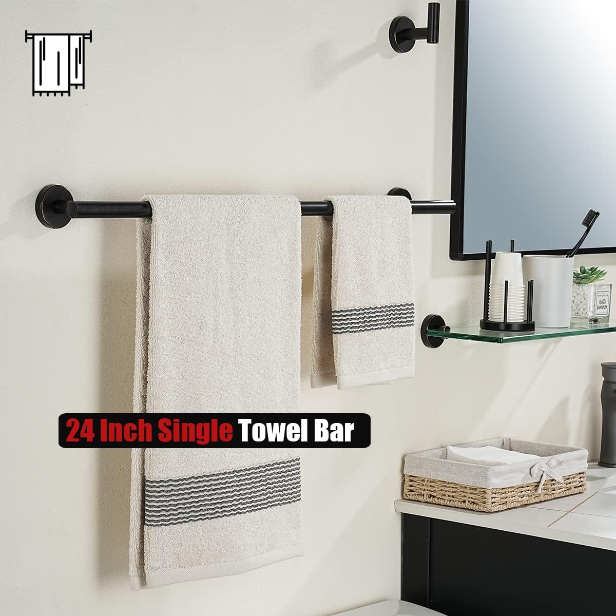 JQK Oil Rubbed Bronze Towel Bar, 27 Inch 304 Stainless Steel Thicken 0.8mm Towel Rack Bathroom, Towel Holder Wall Mount, Useable Length 24 Inch 2 Pack, TB110L24-ORB-P2