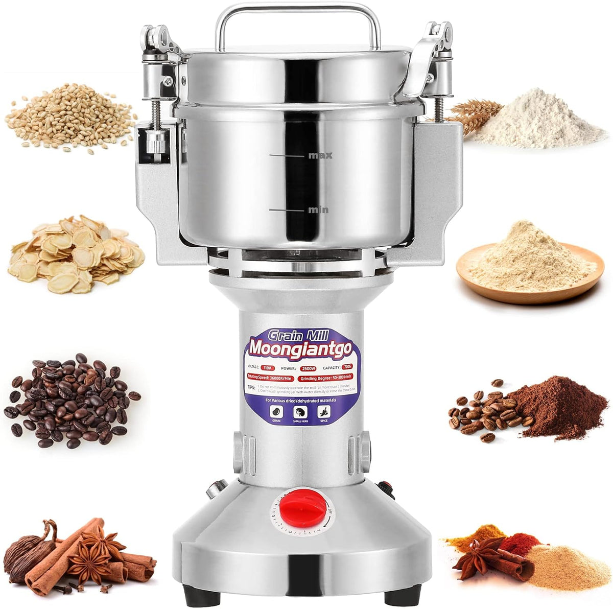 Moongiantgo Grain Mill Grinder Electric 500g Commercial Spice Grinder 2500W Stainless Steel Pulverizer Dry Grinder Grinding Machine (500g Upright, 110V)