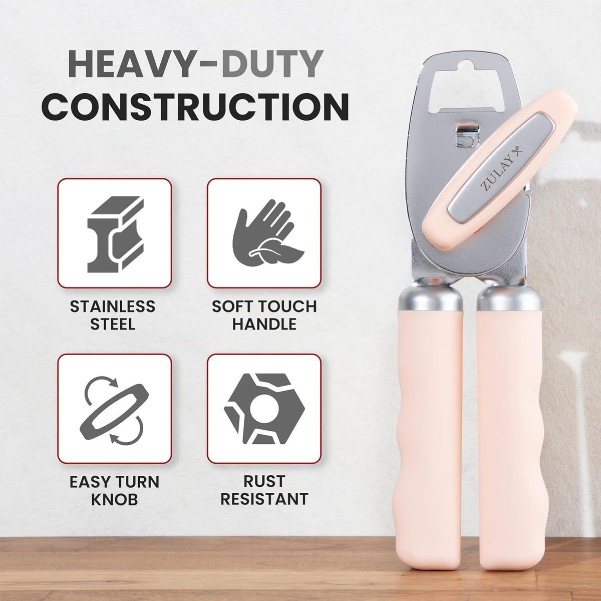 Zulay Kitchen Heavy Duty Stainless Steel Can Opener Manual with Bottle Opener - Rust Proof Manual Can Opener With Turn Knob & Comfy Soft Grip Handles - Peach