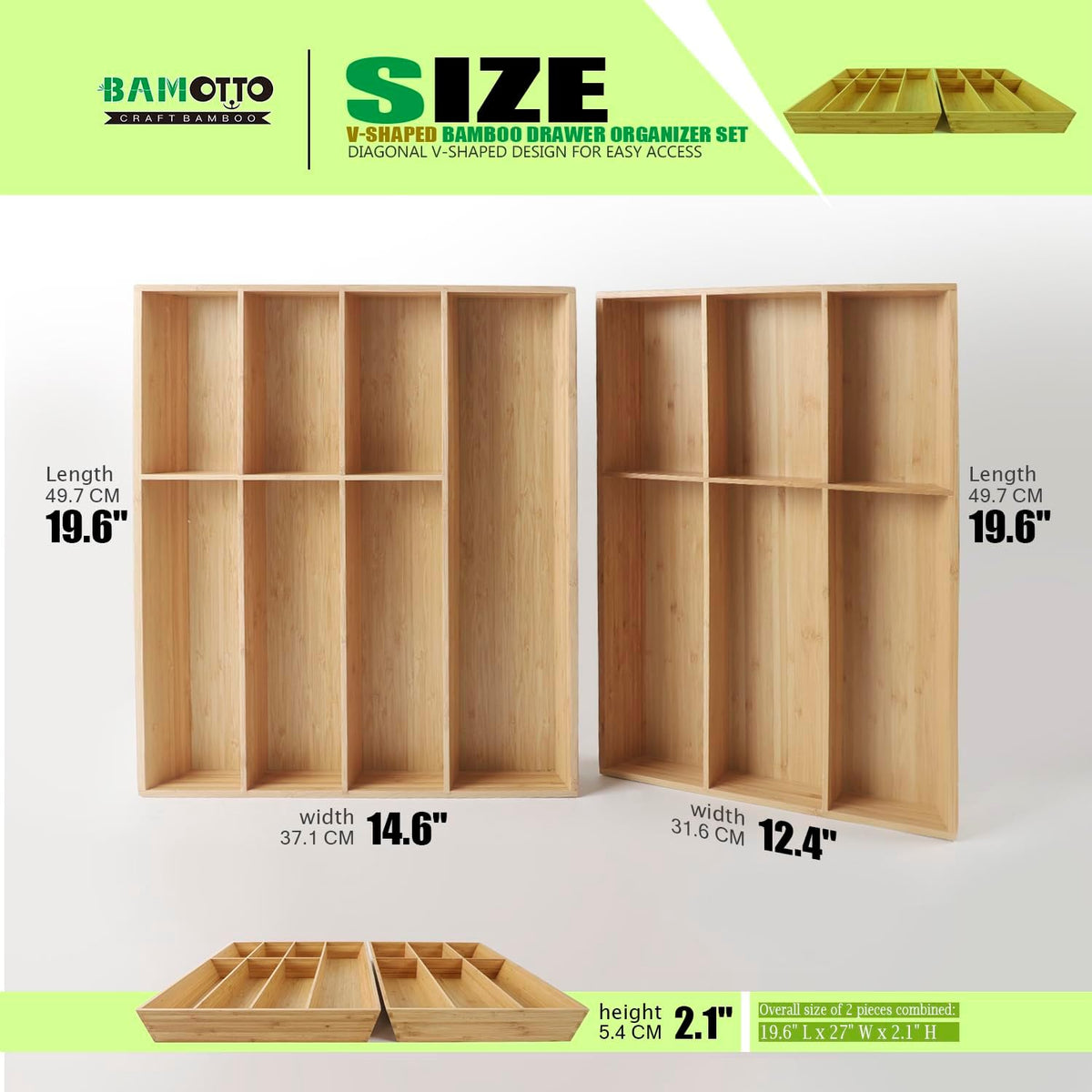 V-Shaped Extra Large Bamboo Drawer Organizer Set of 2, Kitchen Cutlery Tray Utensil Plate, Flatware&Silverware Storage Box, Wood Organizer for Bedroom, Living Room (19.6"x14.6" & 19.6"x12.4")