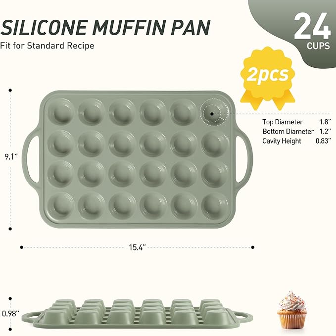 2 Packs 24 Cups Silicone Muffin Pan with Metal Reinforced Frame Mini Size Cupcake Pan Tray Egg Bites Silicone Circle Cookie Molds Muffin Tin Tart Pans Baking Sheet Set for Breakfast Sandwiches