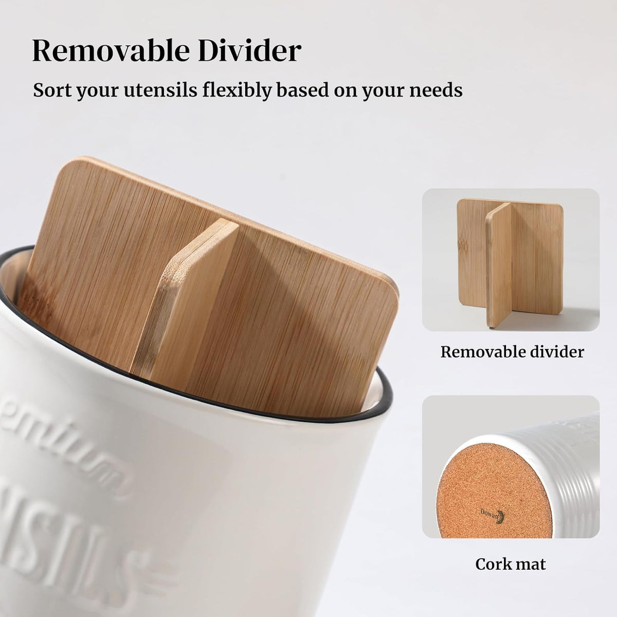 DOWAN 3 Compartment Kitchen Utensil Holder, 7.2″ Extra-Large Ceramic Stable Utensil Caddy, Rustic Cooking Utensil Crock for Farmhouse Kitchen Décor, Utensil Holder for Countertop