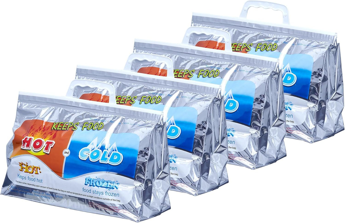 Superio Hot and Cold Insulated Bags for Food Delivery, Grocery Shopping Bags, Food Storage for Hot and Frozen Food for Travel, Disposable Cooler Bag, Reinforced Thermal Lunch Bag (4, 13"x5.5"x8.5")