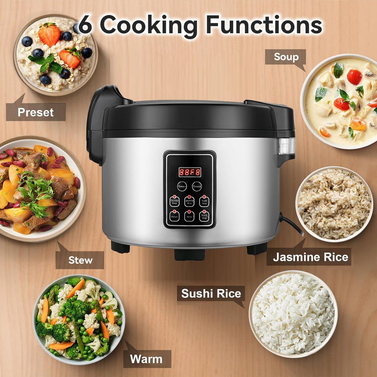 Commercial Rice Cooker 60 CUPS (Cooked Rice)& Food Warmer | 13L/13.8Qt Extra Large Multifunctional Rice Cooker | 1350W Fast Cooking with Time Display & Preset|Restaurant Company Canteen Use