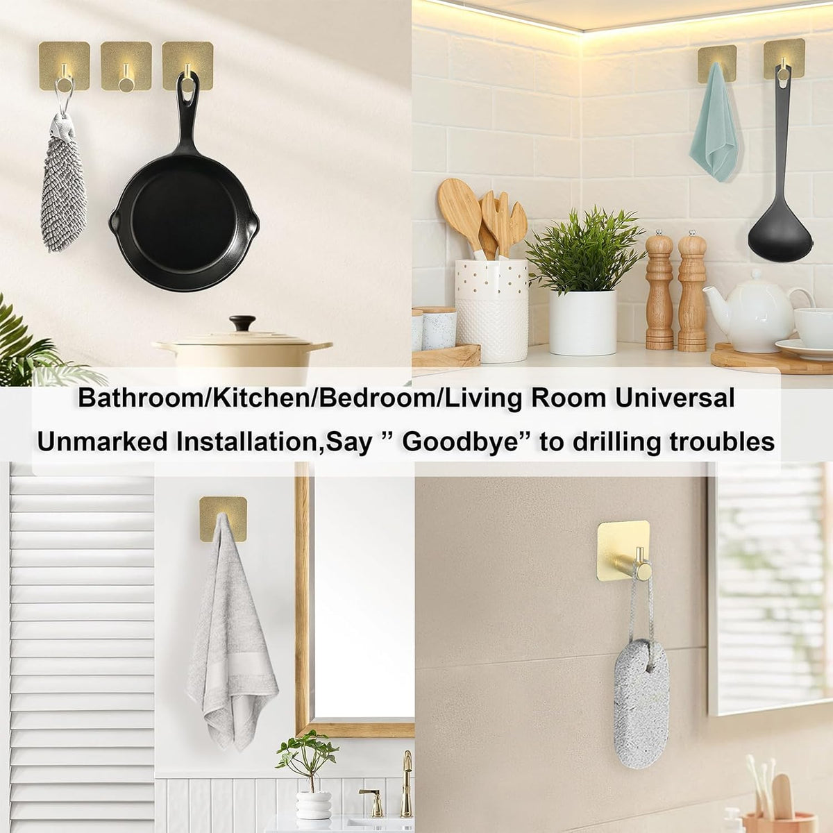 Aluminum Wall Hooks, No Drill Damage-Free Adhesive Hook, Product for Hanging Heavy Duty for Bathroom Kitchen Home (Single Square Gold Hook, 4)