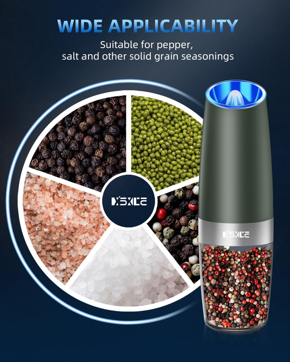 XinXu Gravity Electric Pepper and Salt Grinder Set, Adjustable Coarseness, Battery Powered with LED Light, One Hand Automatic Operation, Dark Green - 2 Pack