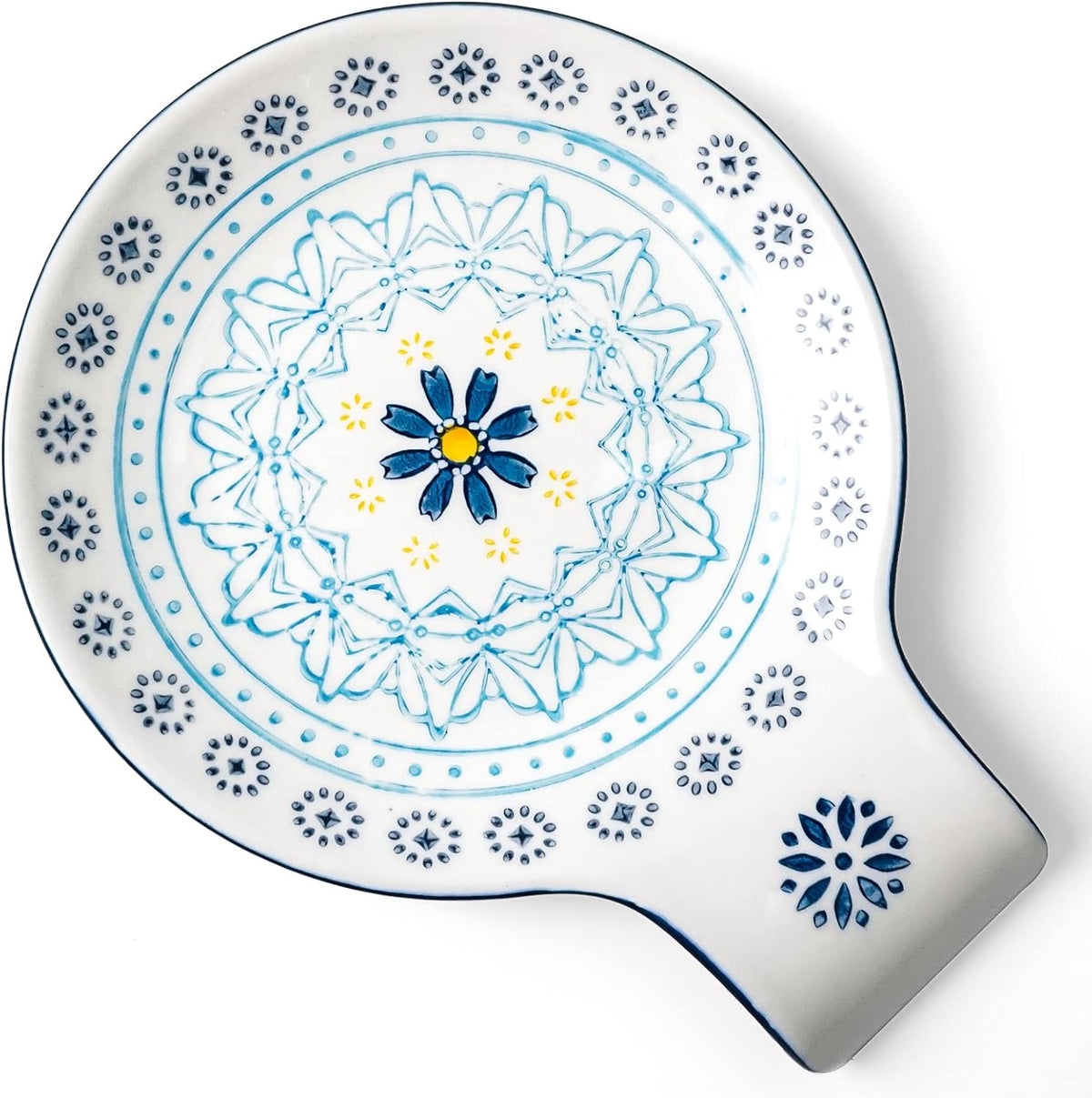 Hand Painted Spoon Rest, 5.5" Ceramic Spoon Holder for Stove Top and Kitchen Counter, Blue Pattern Utensil Rest, Great Cooking Gifts for Friends, Modern Kitchen Decorative