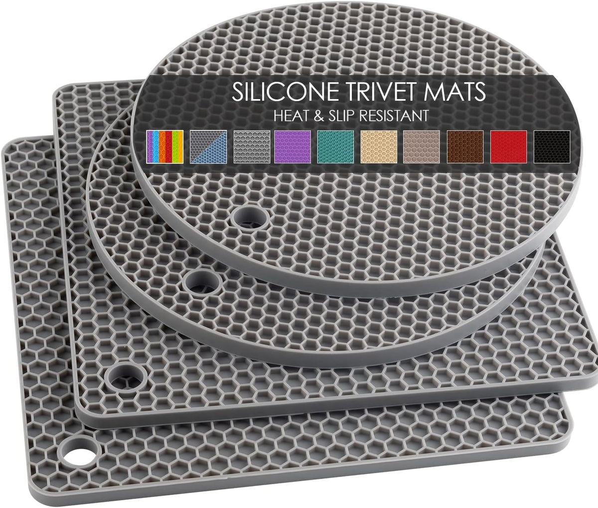 Silicone Trivet Mats, Silicone Pot Holders for Hot Pots and Pans, Heat Resistant Counter Mats for Tables, Countertops, Spoon Rest and Large Coasters, 4 Pack Gray Trivets for Hot Dishes