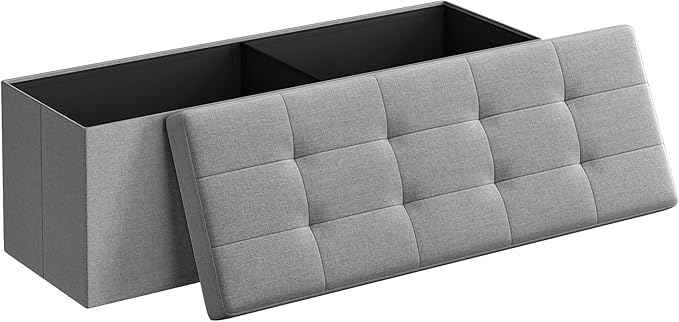 SONGMICS MAZIE Collection - 43 Inches Folding Storage Ottoman Bench, Ottoman Foot Rest, End of Bed Bench, Storage Chest, Load 660 lb, for Living Room, Bedroom, Entryway, Light Gray ULSF77G