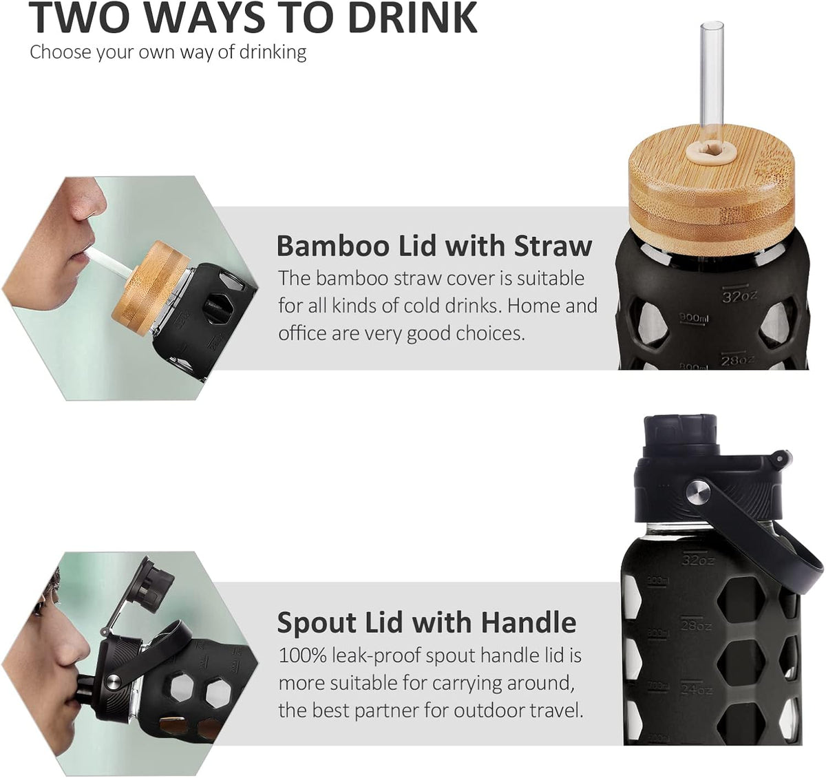 MUKOKO 32oz Glass Water Bottles with 2 Lids-Handle Spout Lid&Bamboo Straw Lid, Motivational Water Tumbler with Time Marker Reminder and Silicone Sleeve, Leakproof-Black-1 Pack