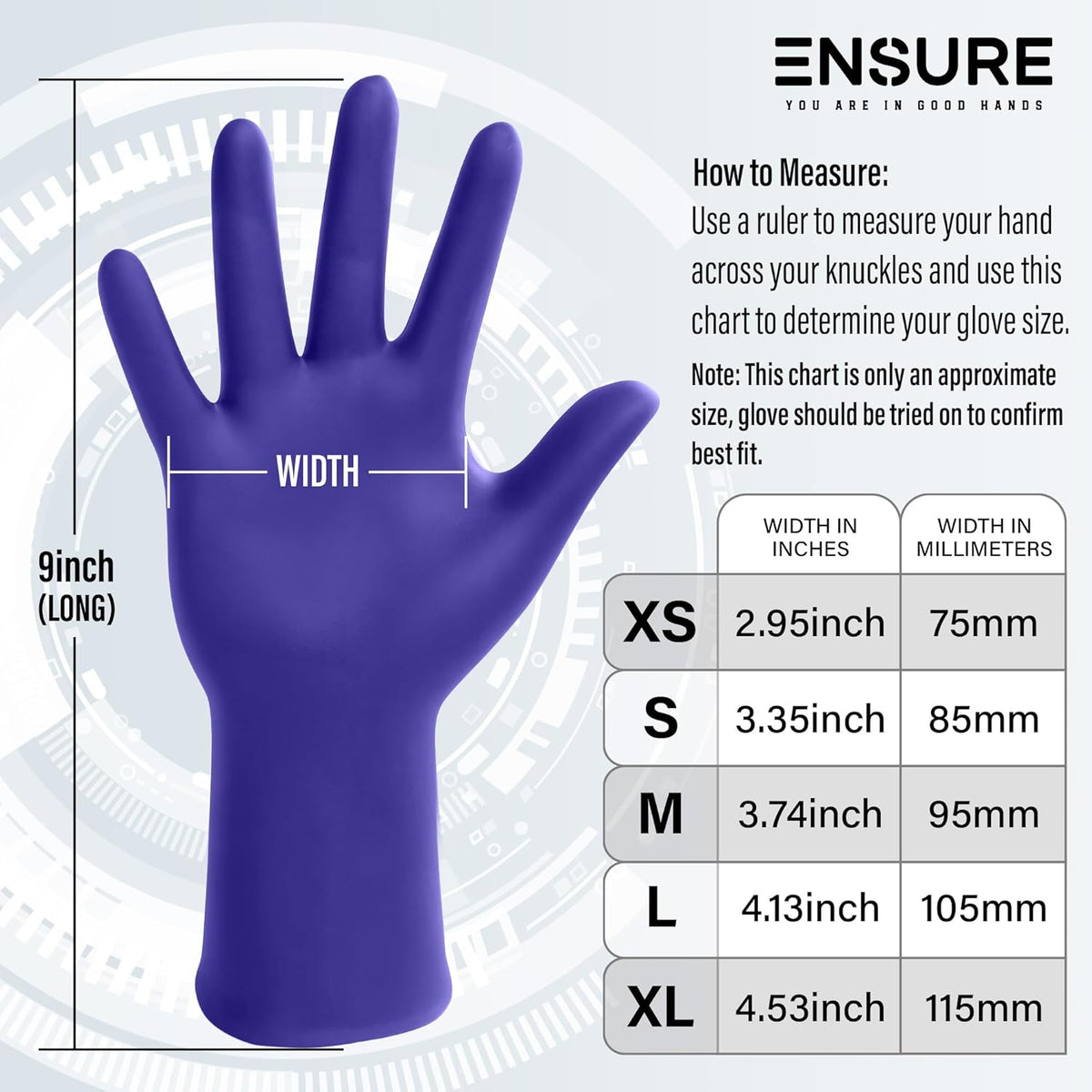 EnSure Nitrile Exam Gloves, Powder-Free, Latex-Free, Chemo Rated, Non-Sterile, Light Duty, Textured Tips, Medical, Surgical, Food Safe, Cleaning, Dental, Lab Use - 3 Mil (X-Small, 200 Count)