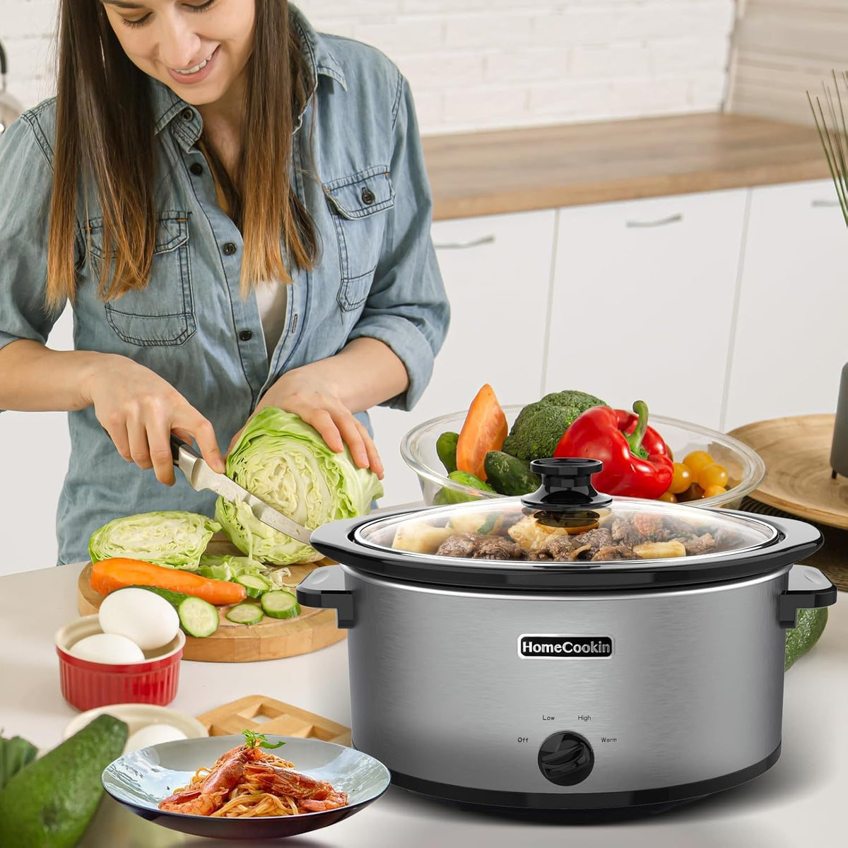 HOMECOOKIN 6 Quart Slow Cooker Oval Manual Pot Food Warmer with 3 Cooking Settings, Stainless Steel