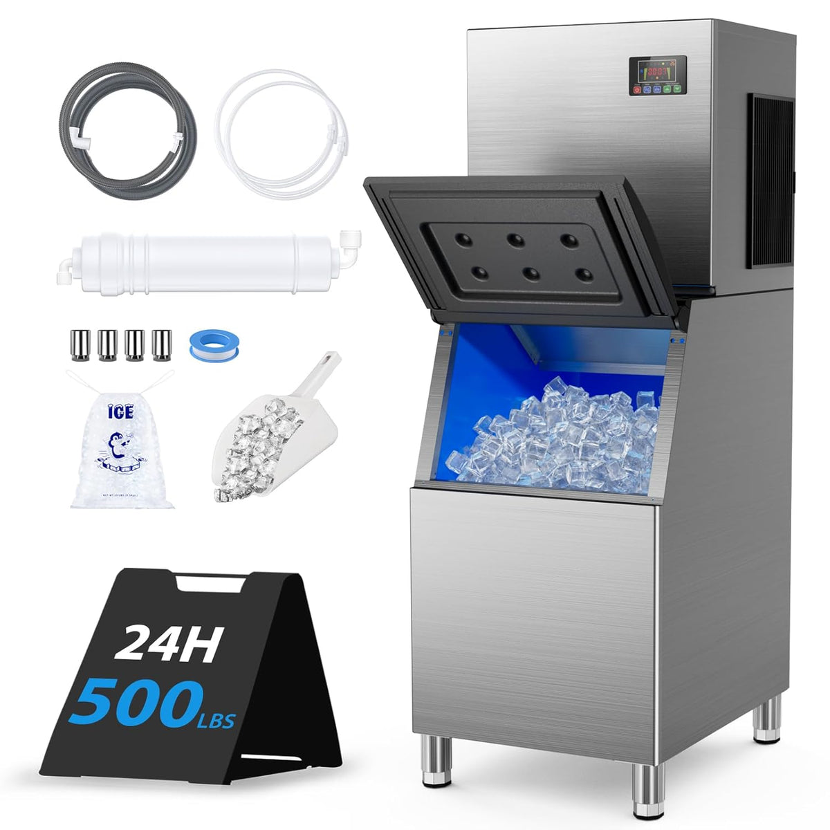 Commercial Ice Machine 500LBS/24H, 350LBS Storage, Ice Ready in 5-15min, Self-Cleaning Stainless Steel Industrial Ice Maker with Timer & Ice Thickness Control for bar Cafe Restaurant Business