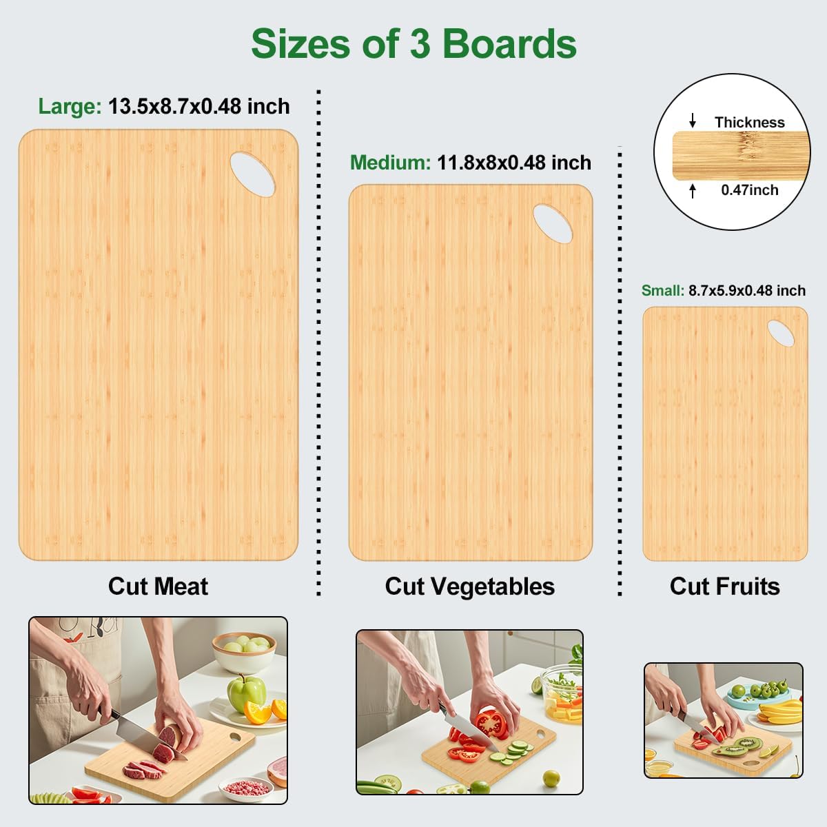 Wood Cutting Boards for Kitchen, Cutting Board Set of 3 Chopping Board for Meat/Vegetables/Cheese Knife Friendly Serving Tray with Holes
