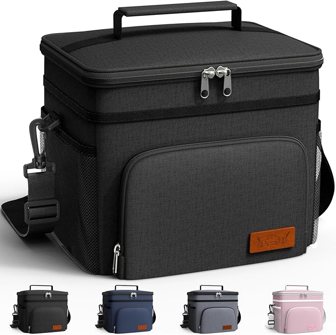 HOTOR Insulated Lunch Box for Men & Women - Leak-Proof Cooler Lunch Bag with 4 Pockets, Adjustable Strap, Ideal for Work, Picnic, Travel - Medium, Black, 10.2"×6.9"×8.5"