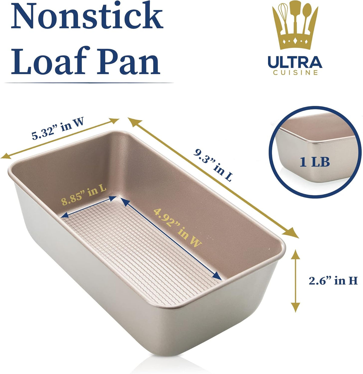 Ultra Cuisine Nonstick Bread Pan - 9.5x5 inch Loaf Pan, 1 lb - Easy Clean, Quality, Durable Bread Tin for Oven Baking Quick Bread, Meatloaf, Banana Bread, Cake - Easy Release, PFOA & PTFE Free Coating