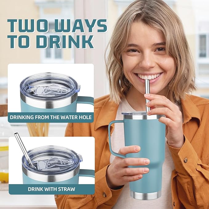 20 oz Tumbler with Handle Stainless Steel Insulated Coffee Mug Tumbler with Lid and Straw Double Wall Vacuum Insulated Coffee Mug Leak Proof Travel Tumbler for Hot and Cold Drink(Azure Blue,4pack)