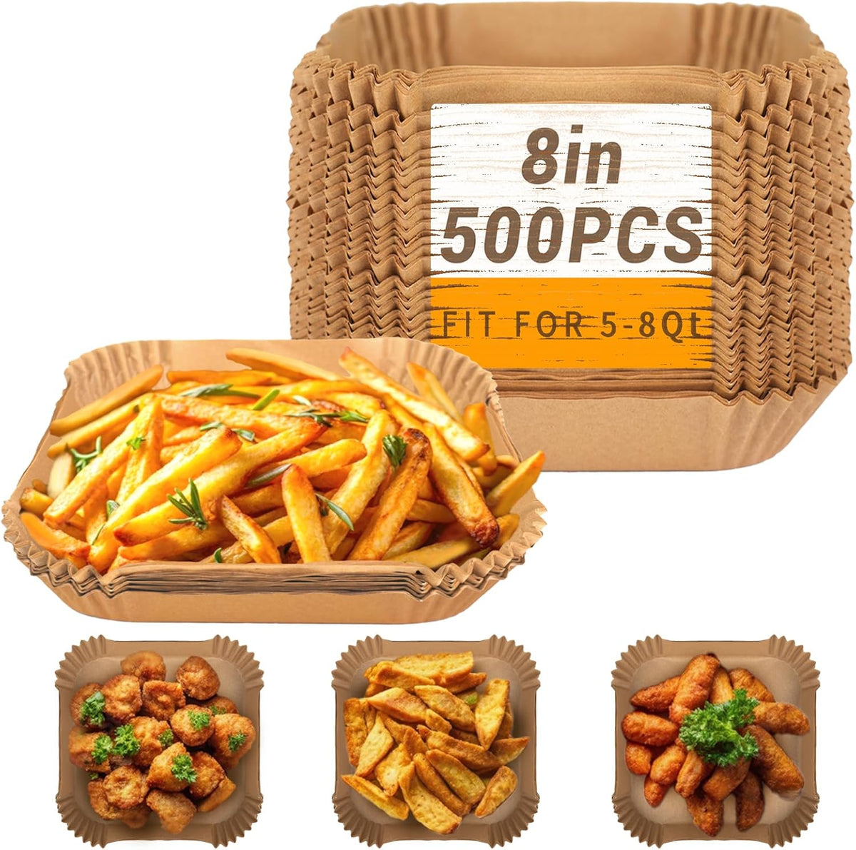 500Pcs Air Fryer Paper Liners, 8” Square Disposable Parchment Paper Liner for 5-8 QT Air Fryer, Non-Stick, Oil Proof Unbleached Airfryer for Baking, Roasting Microwave