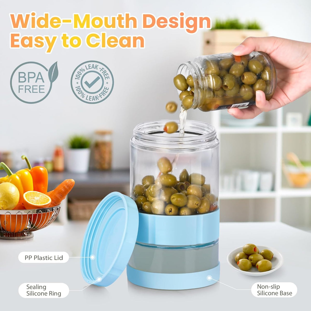 Glass Pickle Jar with Strainer Flip, 56oz Airtight Pickle Container, Leak-proof Juice Separator Pickle Flip Jar with Sealing Silicone Ring for Olive, Sliced Pickle and Jalapeno, Dishwasher Safe