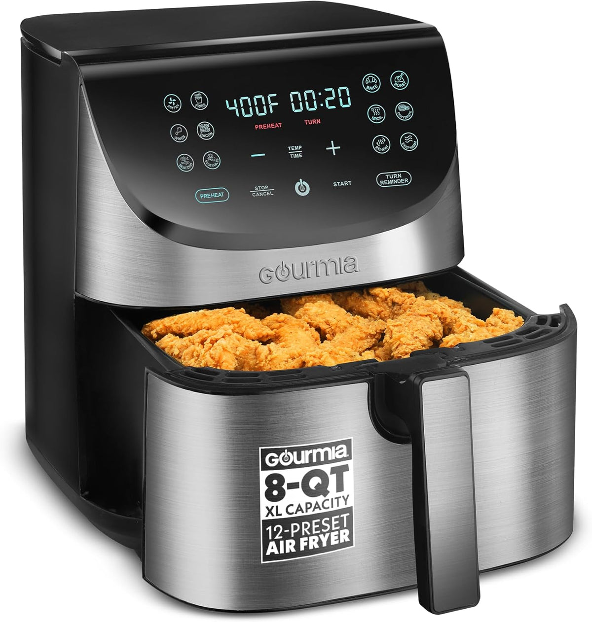 Gourmia Air Fryer Oven Digital Display 8 Quart Large AirFryer Cooker 12 Touch Cooking Presets, XL Air Fryer Basket 1700w Power Multifunction GAF856 Black and Stainless stainless steel air fryer