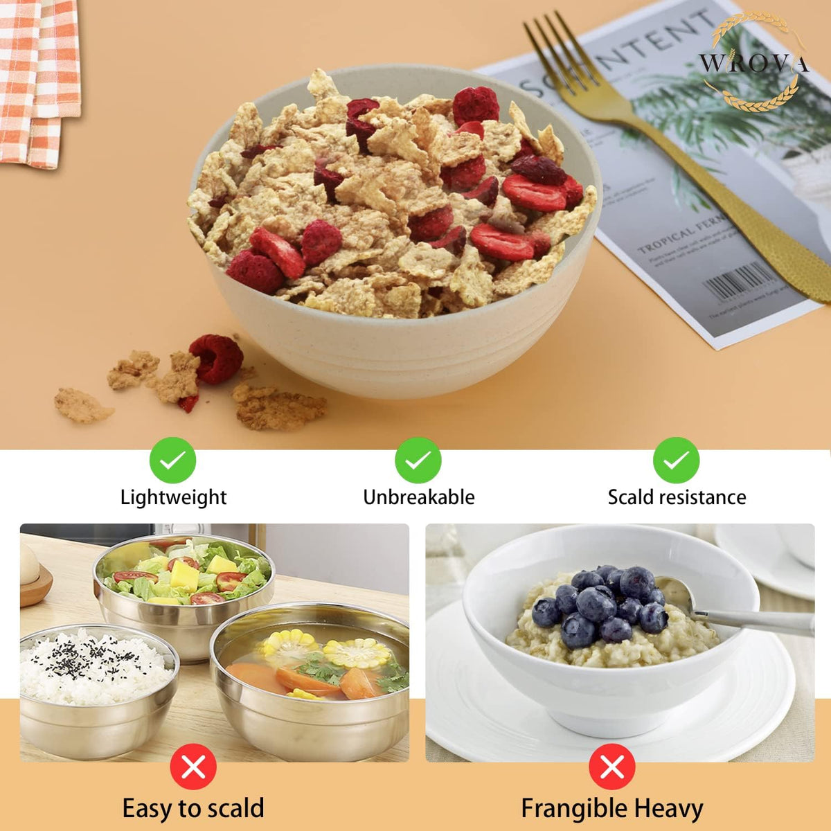 Wheat Straw Bowl Sets,8 PCS Unbreakable Cereal Bowls 26 OZ,Microwave and Dishwasher Safe Bowls, Kitchen Bowl suitable for cereal,salad,snack and soup (Beige)