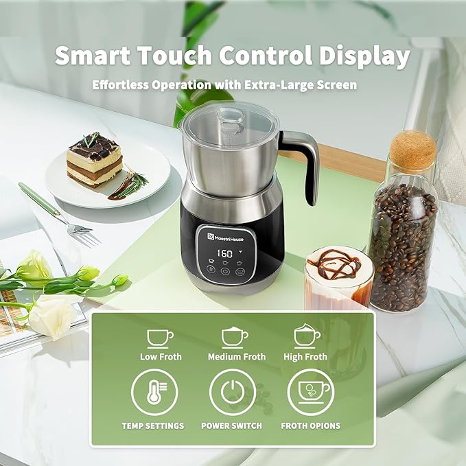 Maestri House Milk Frother, Variable Temp and Froth Thickness DualFro 600 Milk Frother Steamer, 21OZ Smart Touch Control Milk Warmer, Dishwasher Safe, Memory Function for Latte&Hot Chocolate (Black)