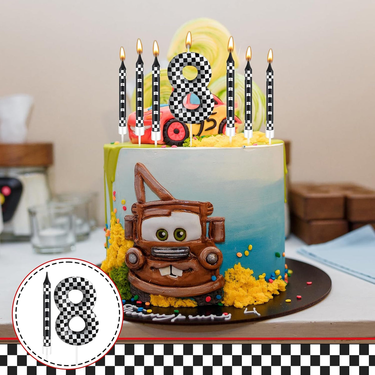 13 Pcs Racing Cars Themed Birthday Candles Black and White Race Number 8 Checkered Candle Cake Topper for Racing Car Party Decoration Supplies (Number 8)