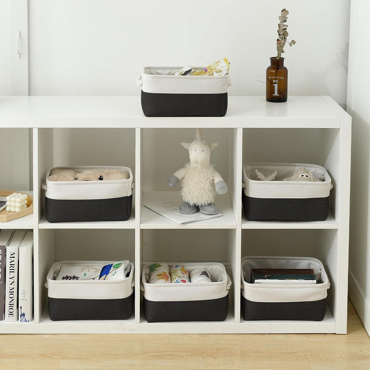 TheWarmHome Storage Bins for Shelves - 6 Pack 11.8x7.8x5.2 inch Collapsible Storage Cubes, Basket for Gifts Empty Closet Organizing Dog Toy Box (White & Black)