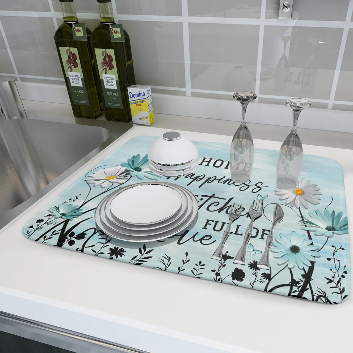Blue Daisy Dish Drying Mat 18x24 Inch Love Kitchen Absorbent Microfiber Washable Fast Drying Pad Dishes Rack Mat for Kitchen Counter