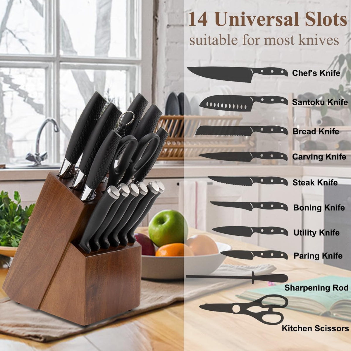 RedCall Universal Knife Block Holder,Large Wood Bamboo Knife Block without Knives,14 Slot Universal Knife Holder Countertop,Butcher Block Knife Storage Organizer for Kitchen (Brown)