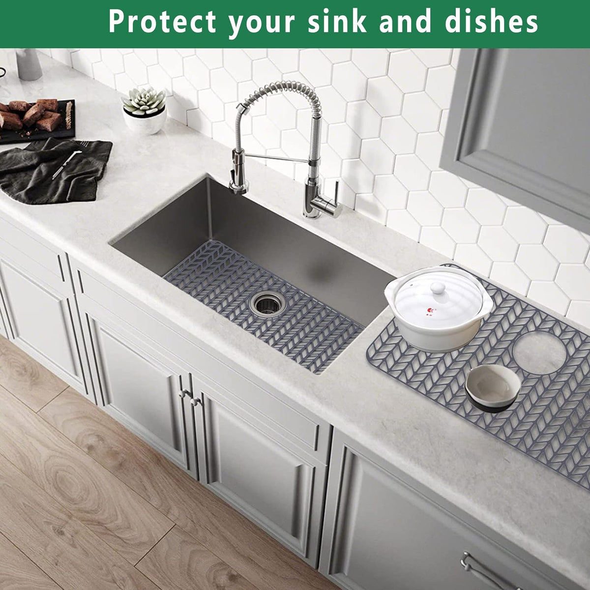 GUUKIN Sink Protectors for Kitchen Sink, 26''x 14'' Silicone Kitchen Sink Mat Grid for Bottom of Farmhouse Stainless Steel Porcelain Sink with Rear Drain (Grey)
