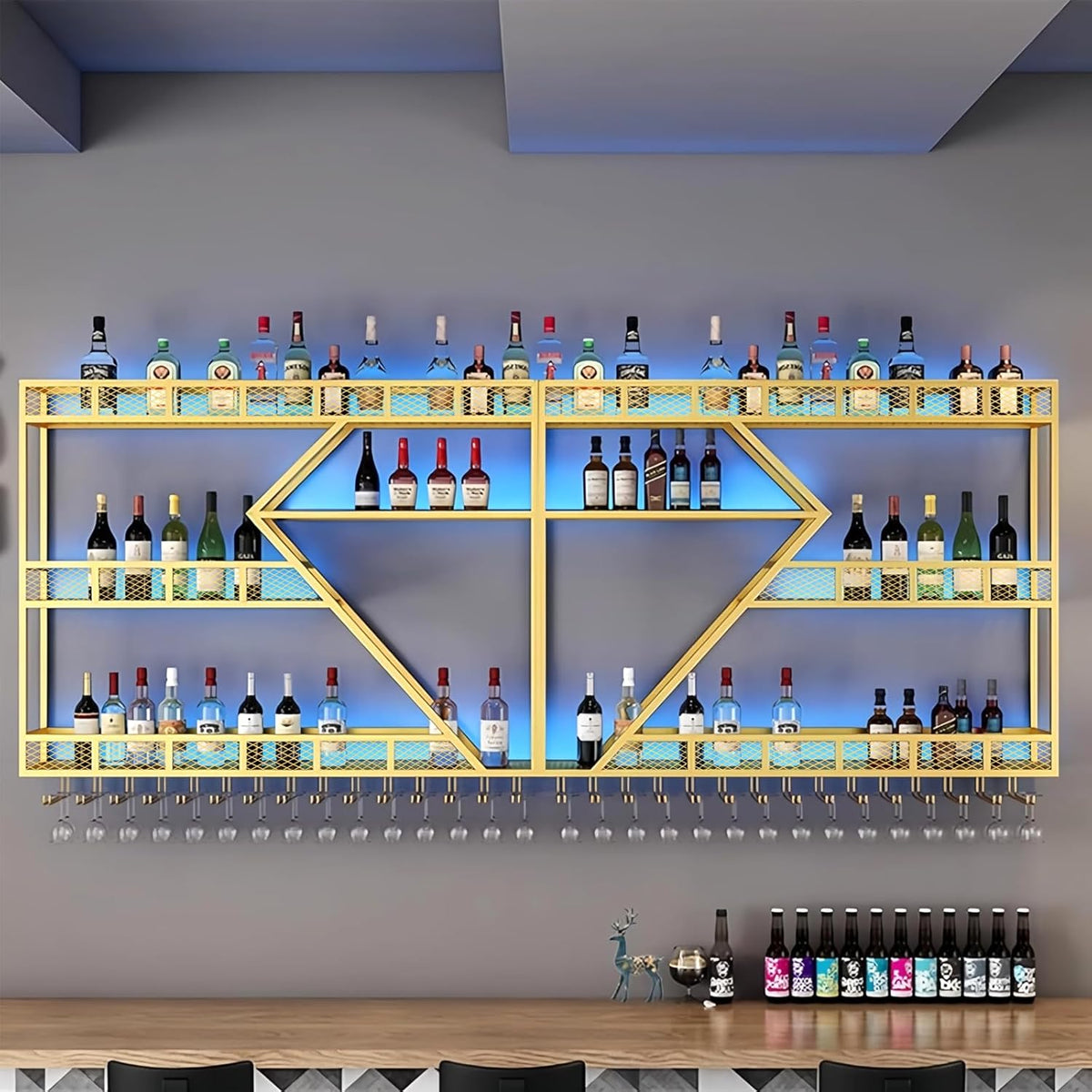 94.48in Metal Wine Rack Wall Mounted, Modern Wine Storage Rack Wall Mounted with Wine Glass Holder, Liquor Shelf, Bar Shelves for Liquor Bottles (3TIERS Gold, 94.48 * 7.87 * 33.85INCH)