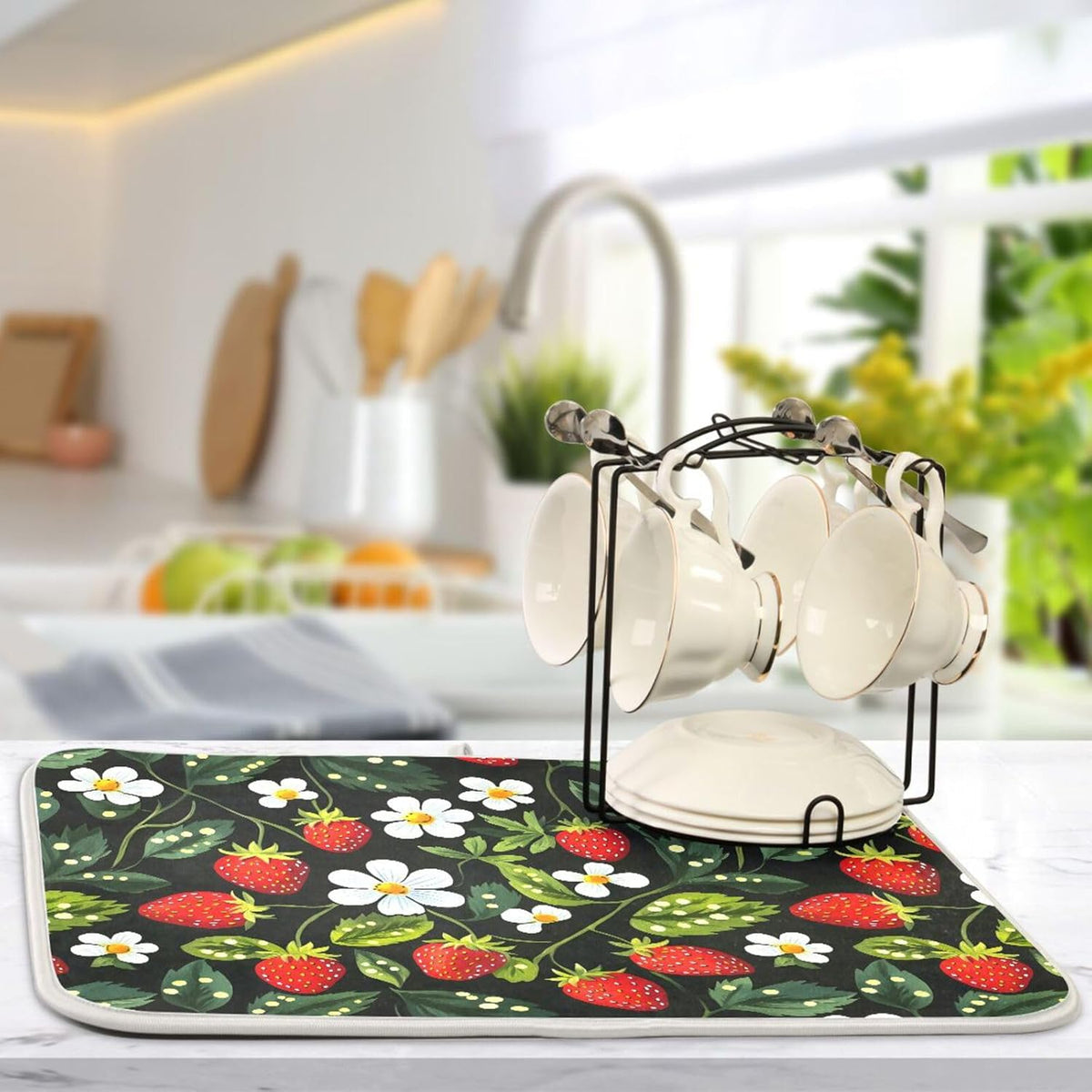 Strawberries White Flowers Dish Drying Mat for Kitchen Counter Absorbent Microfiber Drying Pad, Medium 16x18 in, Reversible Drainer Mats