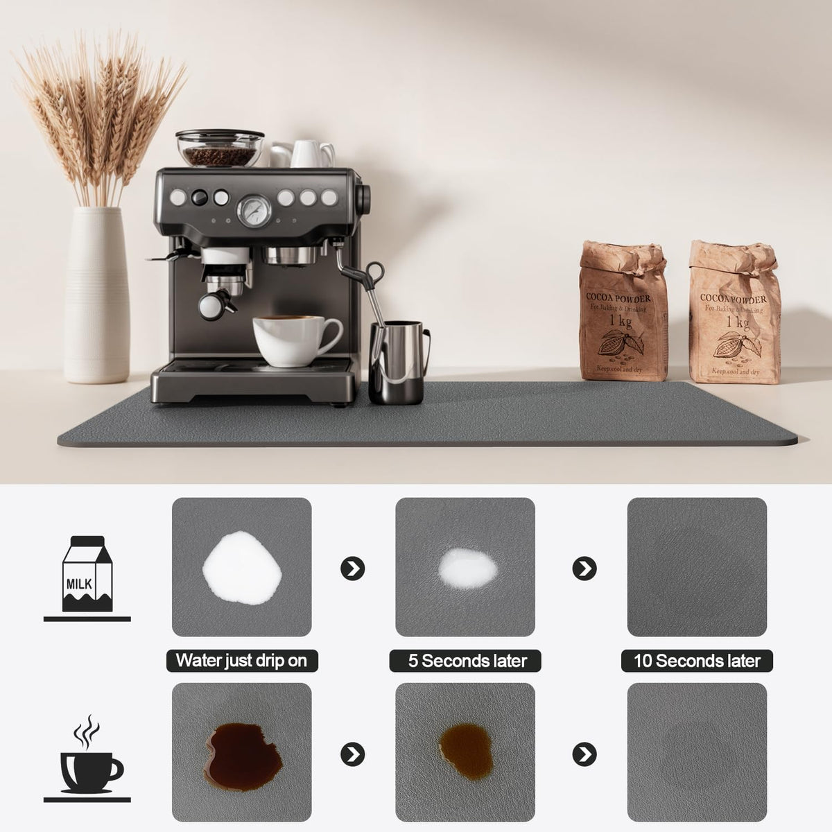 Dish Drying Mat for Kitchen Counter | Coffee Bar Mat for Countertops | Heat Resistant Drainer Mat with Non-slip Rubber Backed | Hide Stain Kitchen Absorbent Draining Mat | Dark Grey 16"x24"
