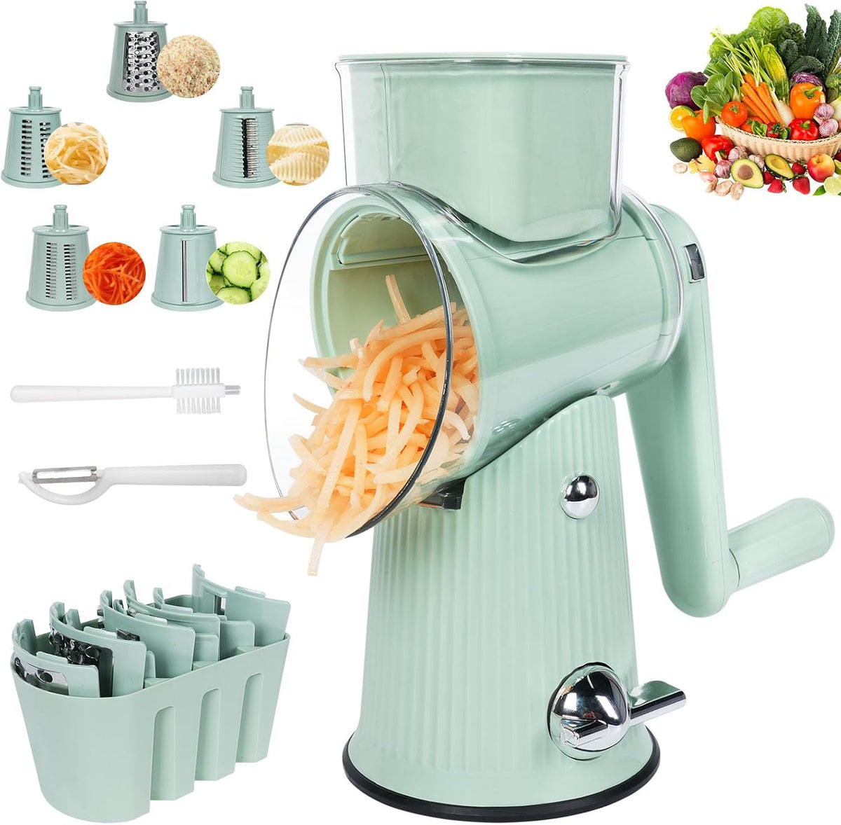 Rotary Cheese Grater,Multifunction 5 In 1 Chopper Vegetable Cutter Slicer, Round Mandoline Drum Slicer,Cheese Shredder,Grater With Handle,Easy to Clean Kitchen Gadgets with Storage Box