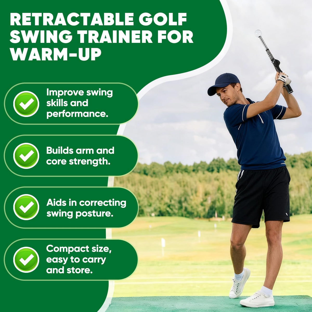Retractable Golf Swing Trainer with Right-Handed Golf Grip Trainer and Arm Band, Click Feedback Training Aid for Grip Correction, Tempo, Rhythm, Release Timing