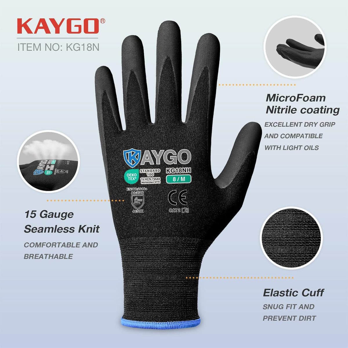 KAYGO Safety Work Gloves MicroFoam Nitrile Coated, 3 Pairs KG18NB,Seamless Knit Nylon Glove with full fingers Touchscreen, Ideal for Automotive,Warehouse,Construction (S, Black)