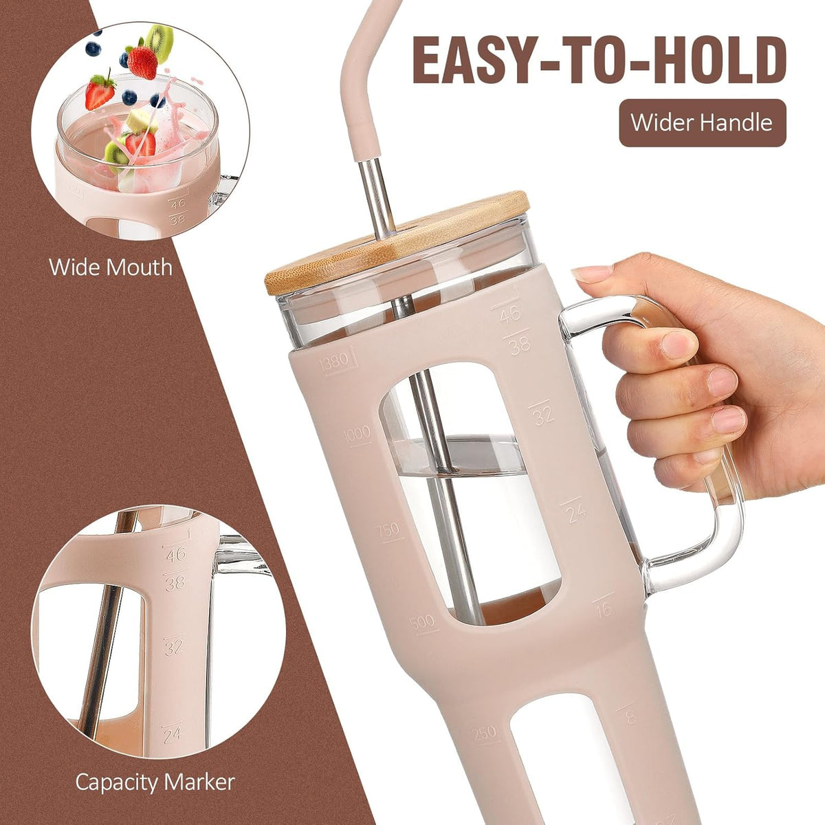 Glass Tumbler with Lid and Straw, 46 oz Iced Coffee Cup with Handle, Glass Water Bottles with Silicone Sleeve, Glass Cup with Straws - Pearl Straw & Drinking Straw BPA Free-Amber
