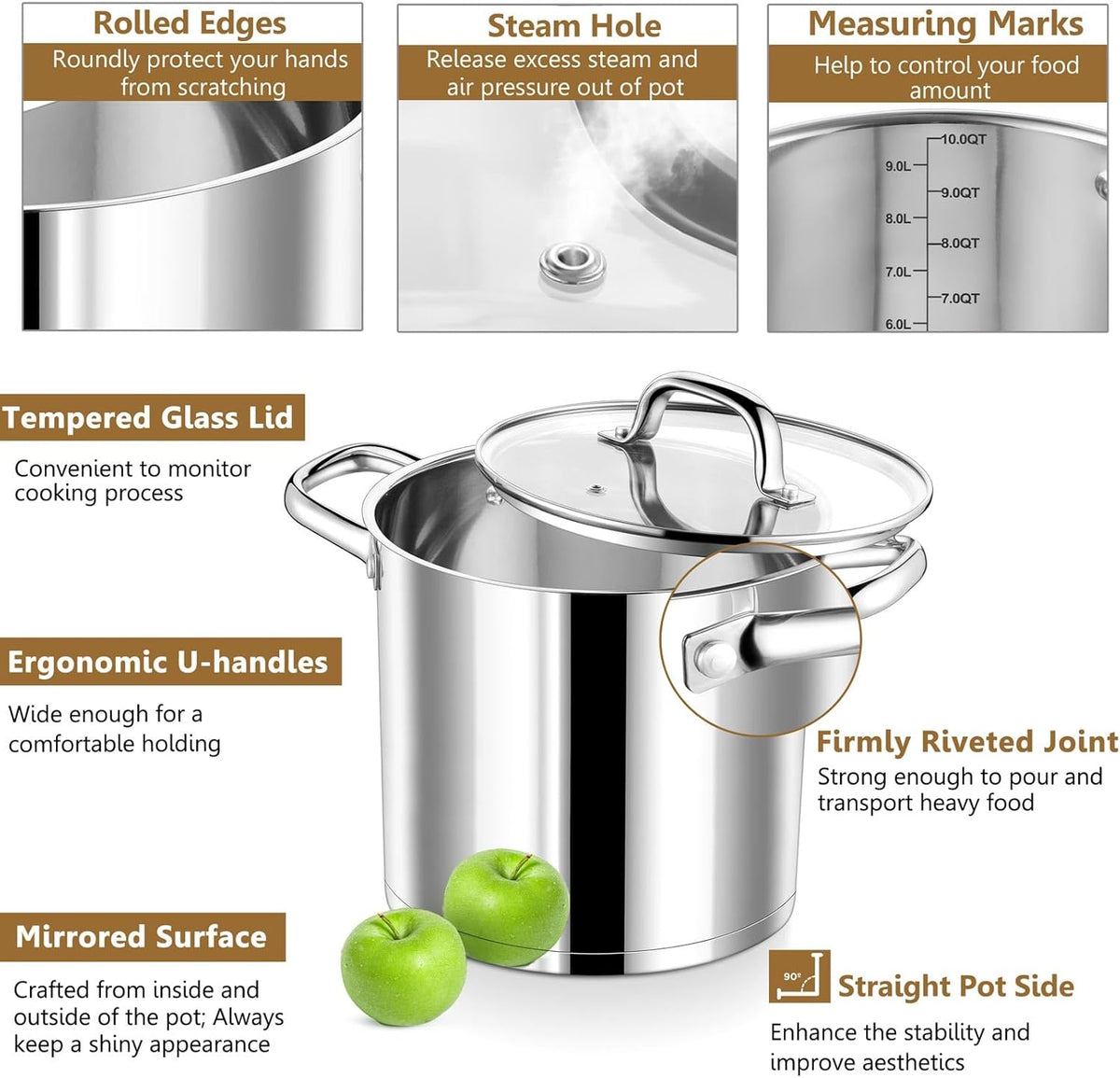 P&P CHEF 10 Quarts Cooking Stock Pot with Lid, Stainless Steel Stockpot Induction Pot for Soup, Tri-Ply Bottom & Clear Glass Lid & Double Handle, Dishwasher Safe