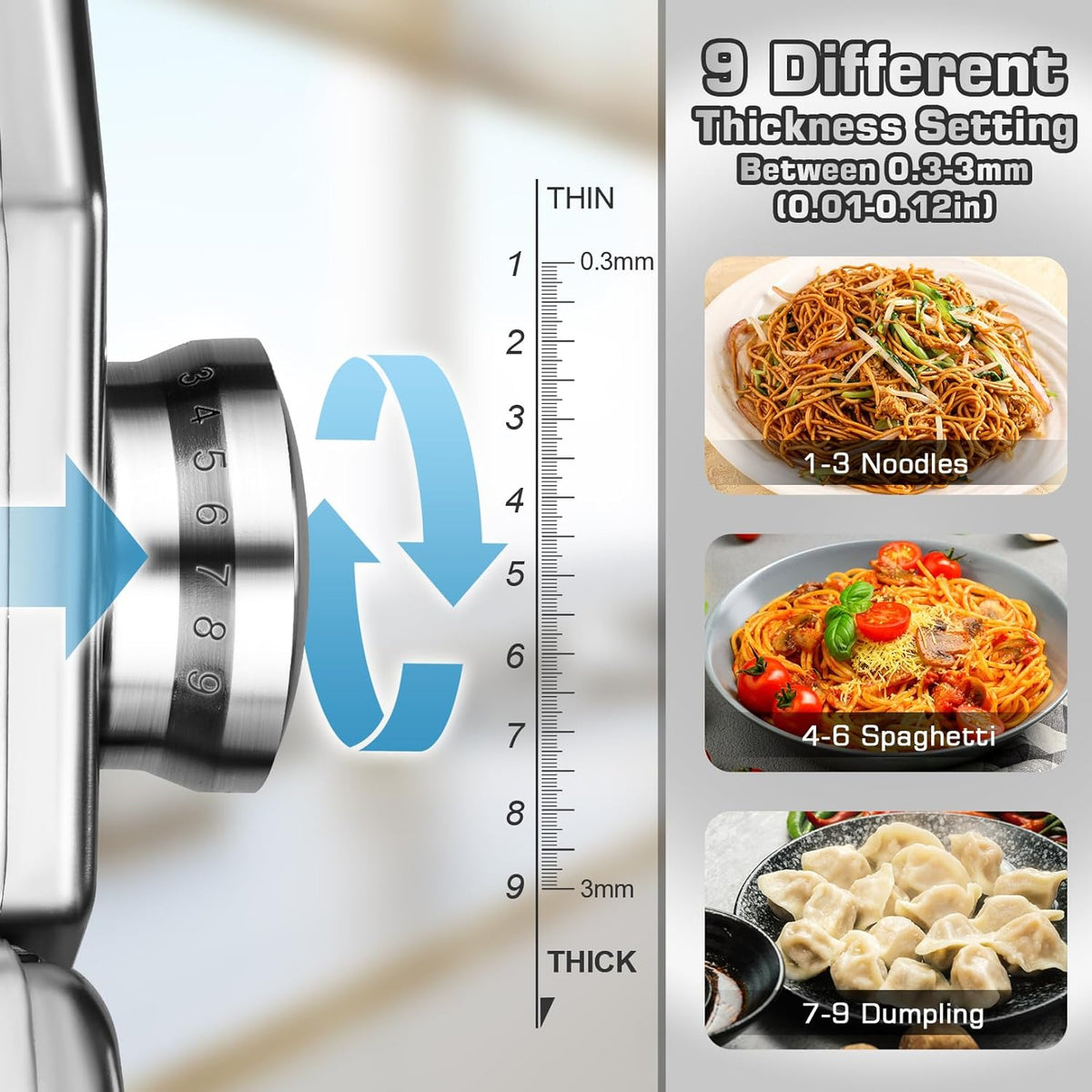 Sailnovo Pasta Maker Machine, 180 Roller Pasta Maker, 9 Adjustable Thickness Settings 2-in-1 Noodles Maker with Rollers and Cutter, Perfect for Spaghetti, Fettuccini, Lasagna or Dumpling Skin Silver